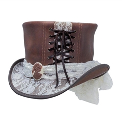 Havisham Top Hat, White Curtsy Band - Brown