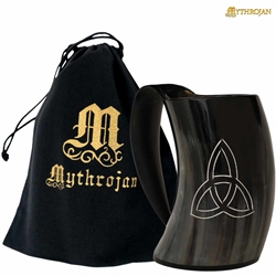 Mythrojan Tumbler Viking Drinking Cup w/ Handle & Medieval Leather Strap - Triquetra